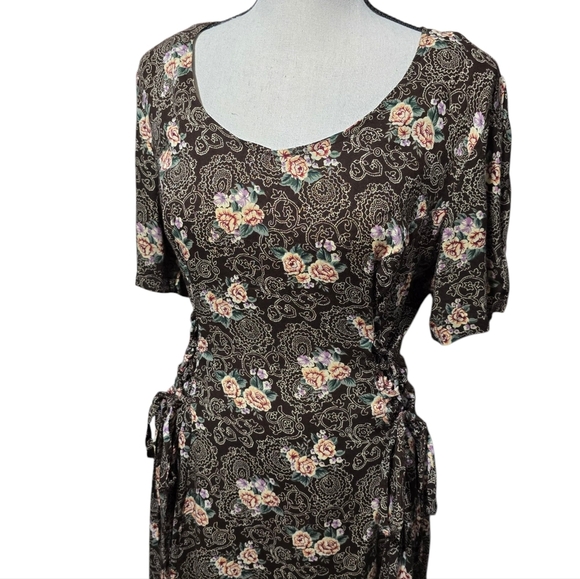 Vintage Floral Brown Tie Hips Front Midi Sundress - Picture 3 of 11